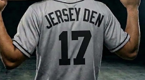 A baseball player shown from behind wearing a gray jersey with 'JERSEY DEN' and the number '17' on the back, holding a wooden bat over his shoulders against a dark studio background.
