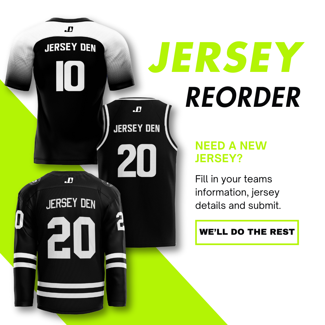 Unleash your team's style with custom sports jerseys from Jersey Den. Crafted for comfort and durability, our jerseys are perfect for any sport. Order more jerseys using our easy to use jersey reorder page. Whether you need to replace old jerseys or have new players, we have you covered!