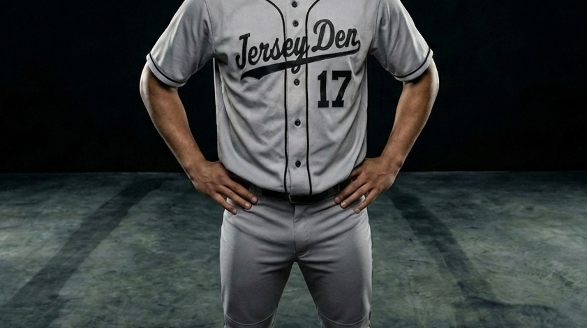 A baseball player stands in a dark studio wearing a gray jersey with 'Jersey Den' and the number 17 on the front, paired with matching gray pants and a black cap.