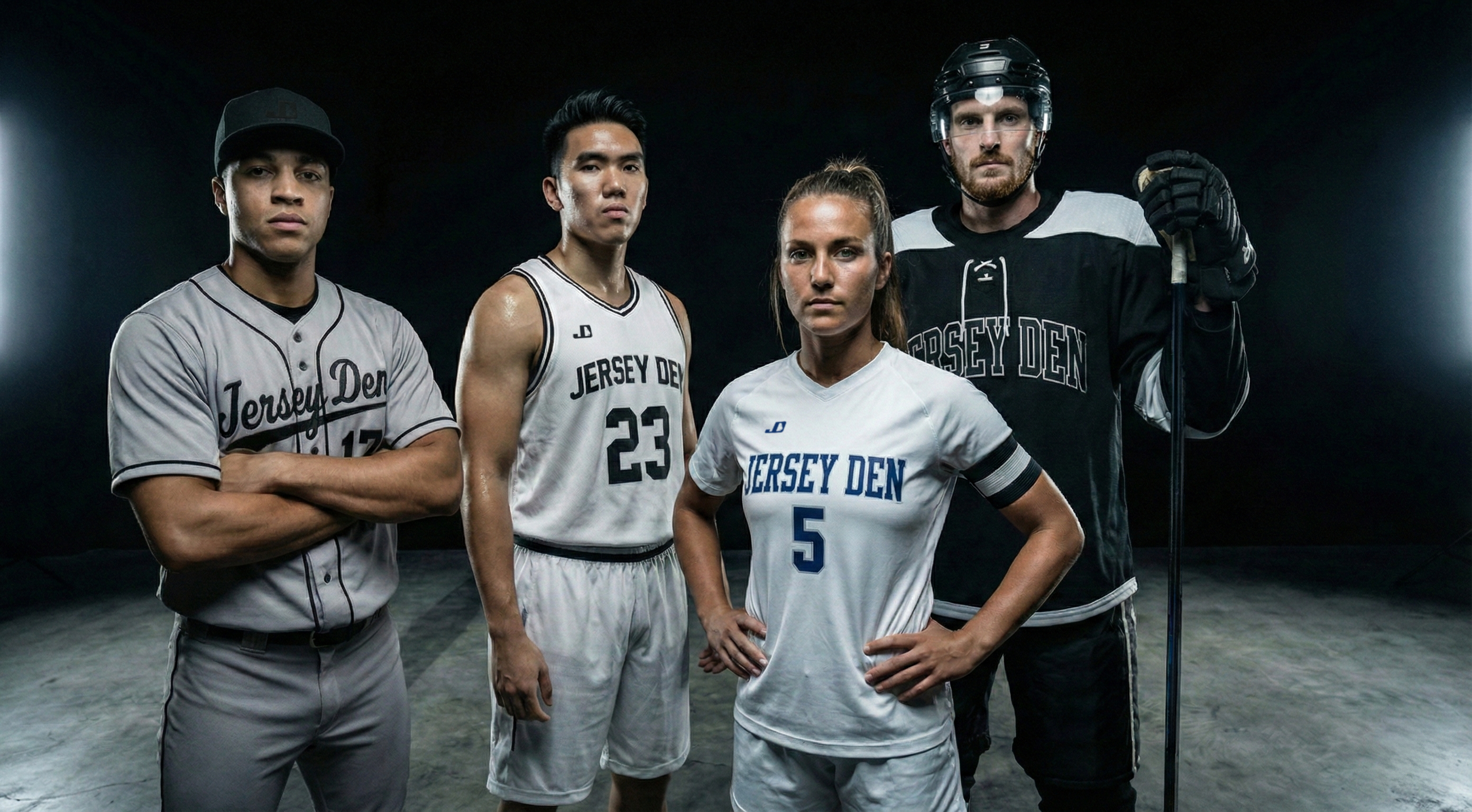 Four athletes in custom sports jerseys with 'Jersey Den' branding on a dark background