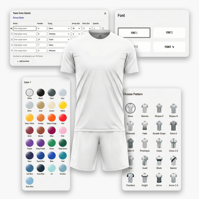 Custom Soccer Jersey Online Customizer with different fonts, colors, patterns, fabrics and more